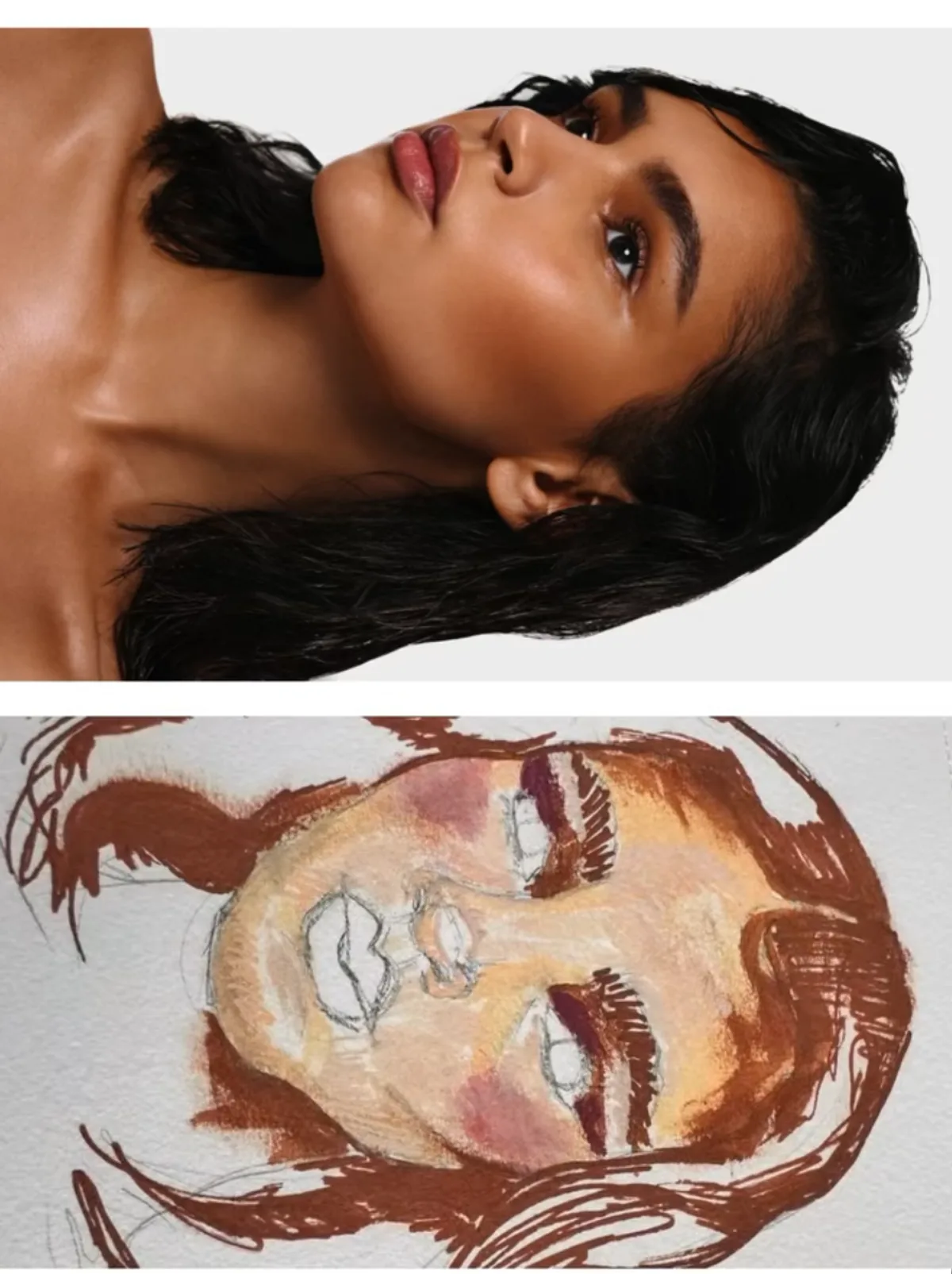 Retrato editorial de Marta Arce sobre fondo de pinceladas